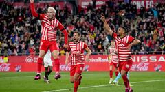 GIRONA, SPAIN - JANUARY 14: Yangel Herrera of Girona FC celebrates with teammates after scoring the team's second goal during the LaLiga Santander match between Girona FC and Sevilla FC at Montilivi Stadium on January 14, 2023 in Girona, Spain. (Photo by Alex Caparros/Getty Images)