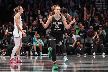 New York Liberty guard Sabrina Ionescu (20) reacts after scoring in the first quarter against the Minnesota Lynx