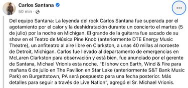 Desvanecimiento de Carlos Santana en Michigan fue por cuadro de deshidratación