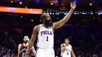 PHILADELPHIA, PENNSYLVANIA - DECEMBER 19: James Harden #1 of the Philadelphia 76ers reacts during the fourth quarter against the Toronto Raptors at Wells Fargo Center on December 19, 2022 in Philadelphia, Pennsylvania. NOTE TO USER: User expressly acknowledges and agrees that, by downloading and or using this photograph, User is consenting to the terms and conditions of the Getty Images License Agreement. Tim Nwachukwu/Getty Images/AFP (Photo by Tim Nwachukwu / GETTY IMAGES NORTH AMERICA / Getty Images via AFP)