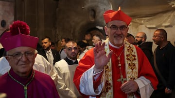 Latin Patriarch of Jerusalem Archbishop Pierbattista Pizzaballa gestures on the day of Easter Sunday Mass in the Church of the Holy Sepulchre in Jerusalem's Old City April 20, 2025. REUTERS/Ronen Zvulun
