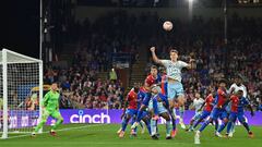 Nottingham Forest's English midfielder #22 Ryan Yates jumps for the ball at a Forest corner kick during the English Premier League football match between Crystal Palace and Nottingham Forest at Selhurst Park in south London on October 7, 2023. (Photo by Glyn KIRK / AFP) / RESTRICTED TO EDITORIAL USE. No use with unauthorized audio, video, data, fixture lists, club/league logos or 'live' services. Online in-match use limited to 120 images. An additional 40 images may be used in extra time. No video emulation. Social media in-match use limited to 120 images. An additional 40 images may be used in extra time. No use in betting publications, games or single club/league/player publications. / 