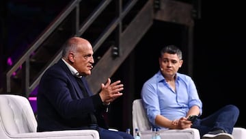 Lisbon , Portugal - 2 November 2022; From defending football for all, to becoming a sports tech powerhouse; Javier Tebas, LaLiga and Miguel Delaney, The Independent on the SportsTrade stage during day one of Web Summit 2022 at the Altice Arena in Lisbon, Portugal. (Photo By Sam Barnes/Sportsfile for Web Summit via Getty Images)