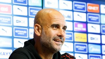 MANCHESTER, ENGLAND - OCTOBER 28: Pep Guardiola, manager of Manchester City speaks during a press conference at Manchester City Football Academy on October 28, 2022 in Manchester, England. (Photo by Lynne Cameron - Manchester City/Manchester City FC via Getty Images)