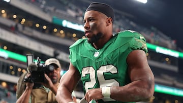 PHILADELPHIA, PENNSYLVANIA - NOVEMBER 03: Saquon Barkley #26 of the Philadelphia Eagles walks off the field after his team's 28-23 win against the Jacksonville Jaguars at Lincoln Financial Field on November 03, 2024 in Philadelphia, Pennsylvania. Elsa/Getty Images/AFP (Photo by ELSA / GETTY IMAGES NORTH AMERICA / Getty Images via AFP)
