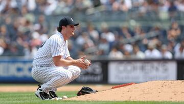 NEW YORK, NY - AUGUST 20:   Gerrit Cole #45 of the New York Yankees looks on in the fifth inning during the game between the Toronto Blue Jays and the New York Yankees at Yankee Stadium on Saturday, August 20, 2022 in New York, New York. (Photo by Rob Tringali/MLB Photos via Getty Images)