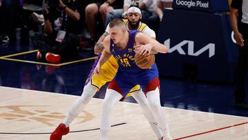 May 16, 2023; Denver, Colorado, USA; Los Angeles Lakers forward Anthony Davis (3) defends against Denver Nuggets center Nikola Jokic (15) in the third quarter during game one of the Western Conference Finals for the 2023 NBA playoffs at Ball Arena. Mandatory Credit: Isaiah J. Downing-USA TODAY Sports