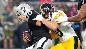 Sep 24, 2023; Paradise, Nevada, USA; Pittsburgh Steelers linebacker T.J. Watt (90) sacks Las Vegas Raiders quarterback Jimmy Garoppolo (10) during the first quarter at Allegiant Stadium. Mandatory Credit: Stephen R. Sylvanie-USA TODAY Sports