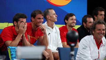 SYDNEY, AUSTRALIA - JANUARY 12: Rafael Nadal and Team Spain watch on during the final doubles match between Feliciano Lopez and Pablo Carreno Busta of Spain against Novak Djokovic and Viktor Troicki of Serbia during day 10 of the ATP Cup at Ken Rosewall Arena on January 12, 2020 in Sydney, Australia. (Photo by Cameron Spencer/Getty Images)