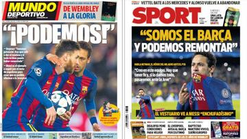 Portadas de los diarios Sport y Mundo Deportivo del d&iacute;a 17 de abril de 2017.