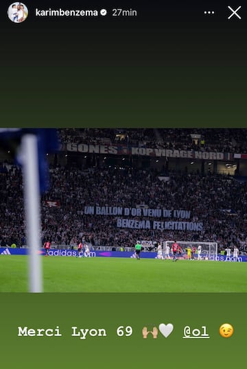 Benzema agradece a la afición del Lyon el detalle, por su Balón de Oro, en Instagram.