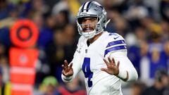 LOS ANGELES, CA - JANUARY 12: Dak Prescott #4 of the Dallas Cowboys reacts after a play in the third quarter against the Los Angeles Rams in the NFC Divisional Playoff game at Los Angeles Memorial Coliseum on January 12, 2019 in Los Angeles, California.   Sean M. Haffey/Getty Images/AFP
 == FOR NEWSPAPERS, INTERNET, TELCOS &amp; TELEVISION USE ONLY ==