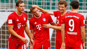 Soccer Football - Bundesliga - VfL Wolfsburg v Bayern Munich - Volkswagen Arena, Wolfsburg, Germany - June 27, 2020  Bayern Munich&#039;s Mickael Cuisance celebrates scoring their second goal with Thomas Muller, Leon Goretzka and Robert Lewandowski, follo