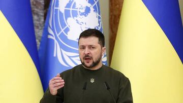 Ukrainian President Volodymyr Zelensky speaks during a joint statement with UN Secretary General Antonio Guterres following their meeting in Kyiv, Ukraine 08 March 2023, amid Russia's invasion of Ukraine. Antonio Guterres arrived in Ukraine to meet with top officials.
(Photo by STR/NurPhoto via Getty Images)