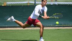 LONDON, ENGLAND - JUNE 26: Carlos Alcaraz of Spain plays a backhand during a practice session ahead of The Championships Wimbledon 2022 at All England Lawn Tennis and Croquet Club on June 26, 2022 in London, England. (Photo by Shaun Botterill/Getty Images)