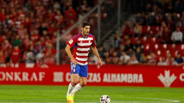 Bodiger, of Granada CF during the La Liga Smartbank match between Granada CF and Sporting de Gijon at Nuevo Los Carmenes Stadium on October 13, 2022 in Granada, Spain. (Photo by Álex Cámara/NurPhoto via Getty Images)
