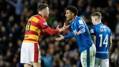 GLASGOW, SCOTLAND - FEBRUARY 12: Partick's Anton Dowds (L) speaks to Rangers' Malik Tillman after he controversially makes it 2-1 during a Scottish Cup Fifth Round match between Rangers and Partick Thistle at Ibrox Stadium, on February 12, 2023, in Glasgow, Scotland. (Photo by Alan Harvey/SNS Group via Getty Images)