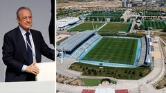 Florentino Pérez y una vista aérea de la Ciudad Real Madrid en Valdebebas, con el estadio Alfredo Di Stéfano en primer plano.