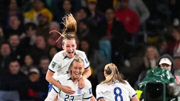 England's forward #23 Alessia Russo celebrates scoring her team's second goal during the Australia and New Zealand 2023 Women's World Cup quarter-final football match between Colombia and England at Stadium Australia in Sydney on August 12, 2023. (Photo by Izhar KHAN / AFP)