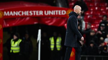 Manchester United's Dutch manager Erik ten Hag reacts at the end of the English League Cup fourth round football match between Manchester United and Newcastle United at Old Trafford, in Manchester, north west England, on November 1, 2023. Manchester United's defence of the League Cup came to a limp end in a 3-0 home defeat by Newcastle. (Photo by Paul ELLIS / AFP) / RESTRICTED TO EDITORIAL USE. No use with unauthorized audio, video, data, fixture lists, club/league logos or 'live' services. Online in-match use limited to 120 images. An additional 40 images may be used in extra time. No video emulation. Social media in-match use limited to 120 images. An additional 40 images may be used in extra time. No use in betting publications, games or single club/league/player publications. / 