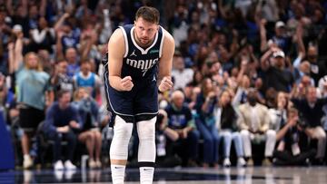 Luka Doncic #77 of the Dallas Mavericks reacts during the third quarter against the Oklahoma City Thunder in Game Three of the Western Conference Second Round Playoffs at American Airlines Center on May 11, 2024 in Dallas, Texas.