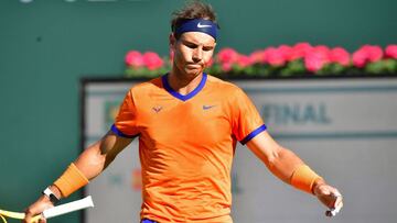 El tenista espa&ntilde;ol Rafa Nadal reacciona durante la final del Masters 1.000 de Indian Wells ante Taylor Fritz.