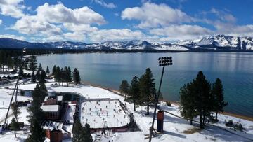 Un partido de hockey junto al lago Tahoe a vista de dron