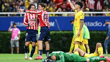 Mateo Chavez and Cade Cowell celebrates Autogoal 1-0 of Sebastian Caceres of America during the round of 16 first leg match between Guadalajara and America as part of the CONCACAF Champions Cup 2025, at Akron Stadium on March 05, 2025 in Guadalajara, Jalisco, Mexico.