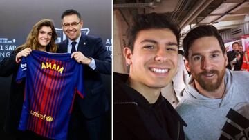 Im&aacute;genes de los concursantes de OT 2017 Amaia Romero y Alfred Romero en el Camp Nou con Josep Mar&iacute;a Bartomeu y Lionel Messi respectivamente