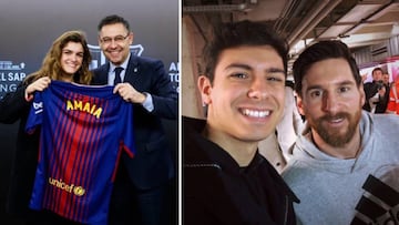 Im&aacute;genes de los concursantes de OT 2017 Amaia Romero y Alfred Romero en el Camp Nou con Josep Mar&iacute;a Bartomeu y Lionel Messi respectivamente