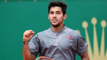 MONTE-CARLO, MONACO - APRIL 13: Cristian Garin of Chile celebrates winning a set in his mens singles match against Felix Auger-Aliassime of Canada during the first round on day three of the Rolex Monte-Carlo Masters at Monte-Carlo Country Club on April 13, 2021 in Monte-Carlo, Monaco. (Photo by Alexander Hassenstein/Getty Images)