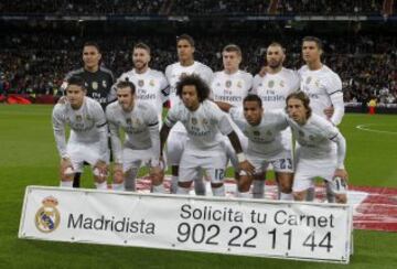 Once inicial del Real Madrid. De pie: Keylor Navas, Sergio Ramos, Varane, 
kroos, Benzema, Cristiano Ronaldo, agachados: James Rodríguez, Gareth Bale, Marcelo, Danilo y Modric.