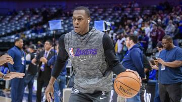 Jan 10, 2020; Dallas, Texas, USA; Los Angeles Lakers guard Rajon Rondo (9) warms up before the game between the Mavericks and the Lakers at the American Airlines Center. Mandatory Credit: Jerome Miron-USA TODAY Sports