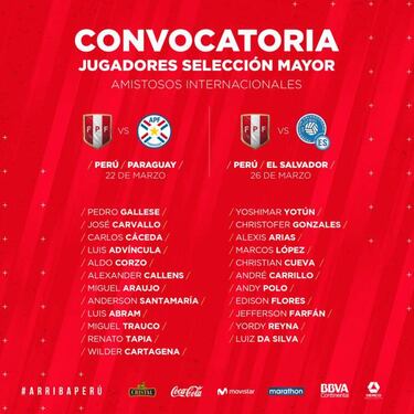 Lista de Perú: con Da Silva y Cueva; sin Ruidíaz ni Benavente