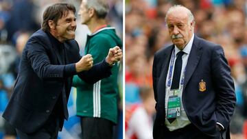 Antonio Conte y Vicente del Bosque en dos imágenes durante el Italia - España de la Eurocopa 2016.