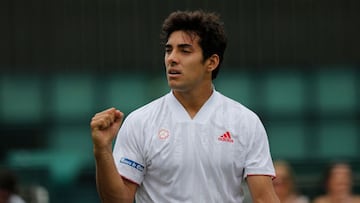 Chile&#039;s Cristian Garin celebrates his victory over Australia&#039;s Marc Polmans during their men&#039;s singles second round match on the fourth day of the 2021 Wimbledon Championships at The All England Tennis Club in Wimbledon, southwest London, o