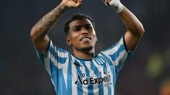 Racing's Colombian forward Roger Martinez celebrates after scoring during the Copa Sudamericana group stage second leg football match between Argentina's Racing and Paraguay's Sportivo Luqueno at La Fortaleza Stadium in Lanus, Buenos Aires Province, on May 28, 2024. (Photo by Luis ROBAYO / AFP)