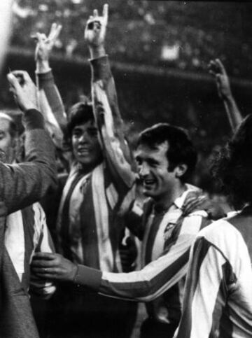 Alegría al final del partido de vuelta de semifinales entre el Atlético y el Celtic en el Vicente Calderón.