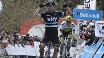 Mikel Landa celebra su victoria en la segunda etapa de la Vuelta al Pa&iacute;s Vasco 2016.