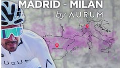 Cartel promocional del Reto Madrid-Mil&aacute;n by Aurum que realizar&aacute; Alberto Contador para cumplir la promesa que hizo durante el pasado Giro de Italia.