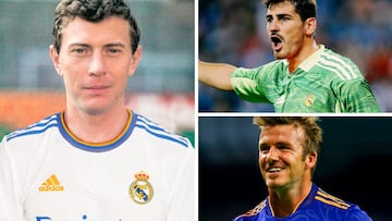Butrague&ntilde;o, Casillas y Beckham, con las actuales equipaciones del Real Madrid.