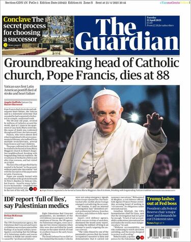 La cabeza reformadora de la Iglesia Católica, Papa Francisco, muere a los 88 años".