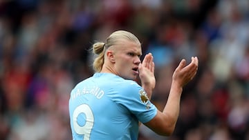 Sheffield (United Kingdom), 27/08/2023.- Erling Haaland of Manchester City reacts during the English Premier League match between Sheffield United and Manchester City in Sheffield, Britain, 27 August 2023. (Reino Unido) EFE/EPA/ASH ALLEN EDITORIAL USE ONLY. No use with unauthorized audio, video, data, fixture lists, club/league logos or 'live' services. Online in-match use limited to 120 images, no video emulation. No use in betting, games or single club/league/player publications.
