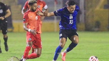 Monserrat's midfielder #08 Brandon Comley and El Salvador's forward #10 Styven Vasquez fight for the ball during the Concacaf Nations League stage group football match between Bonaire and El Salvador at the Cuscatlan Stadium in San Salvador, on November 17, 2024. (Photo by MARVIN Recinos / AFP)