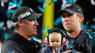 MINNEAPOLIS, MN - FEBRUARY 04: Nick Foles #9 of the Philadelphia Eagles celebrates with his daughter Lily Foles and his head coach Doug Pederson after his 41-33 victory over the New England Patriots in Super Bowl LII at U.S. Bank Stadium on February 4, 20