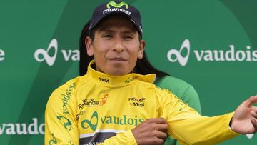 Nairo Quintana, con la camiseta amarilla de l&iacute;der el Tour de Romand&iacute;a.