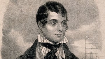 Dibujo de perfil de Samuel Gilbert Scott, en blanco y negro, pionero del cliffi diving.