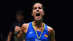 Carolina Marin of Spain reacts after a point against Sindhu Pusarla of India in the women&#039;s singles final during the badminton World Championships in Nanjing, Jiangsu province on August 5, 2018. / AFP PHOTO / Johannes EISELE