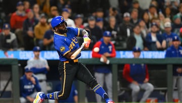 Sep 14, 2024; Seattle, Washington, USA; Seattle Mariners designated hitter Randy Arozarena (56) hits a walk-off single against the Texas Rangers during the ninth inning at T-Mobile Park. Mandatory Credit: Steven Bisig-Imagn Images
