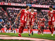 MUNICH, GERMANY - FEBRUARY 21: Harry Kane of FC Bayern Muenchen celebrates scoring the second goal during the Bundesliga match between FC Bayern München and Eintracht Frankfurt at Allianz Arena on February 21, 2026 in Munich, Germany. (Photo by F. Noever/FC Bayern via Getty Images)